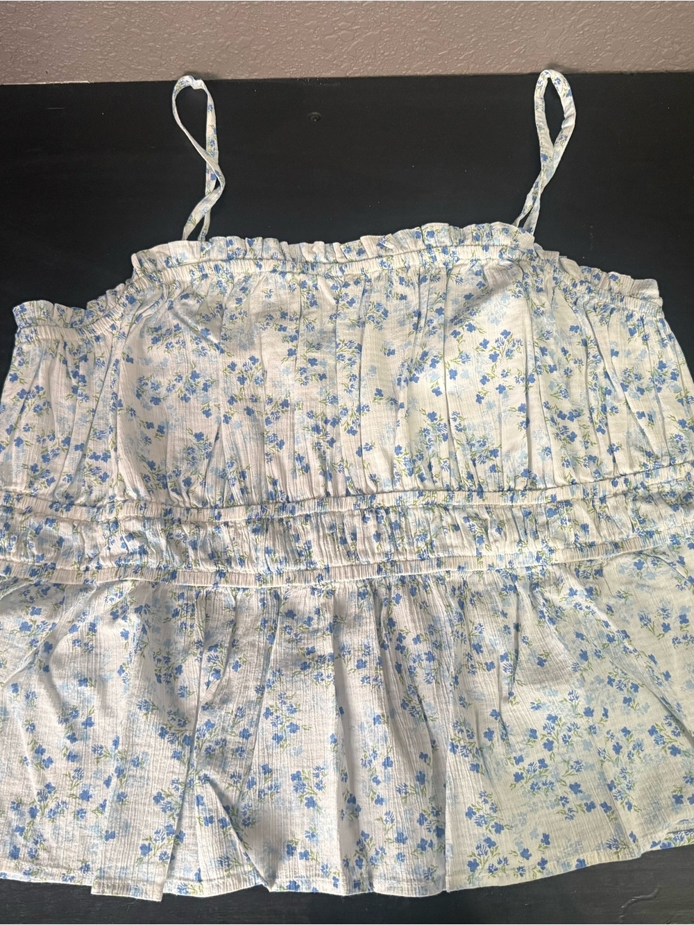 White Floral Smocked Tank Top with Blue Flowers